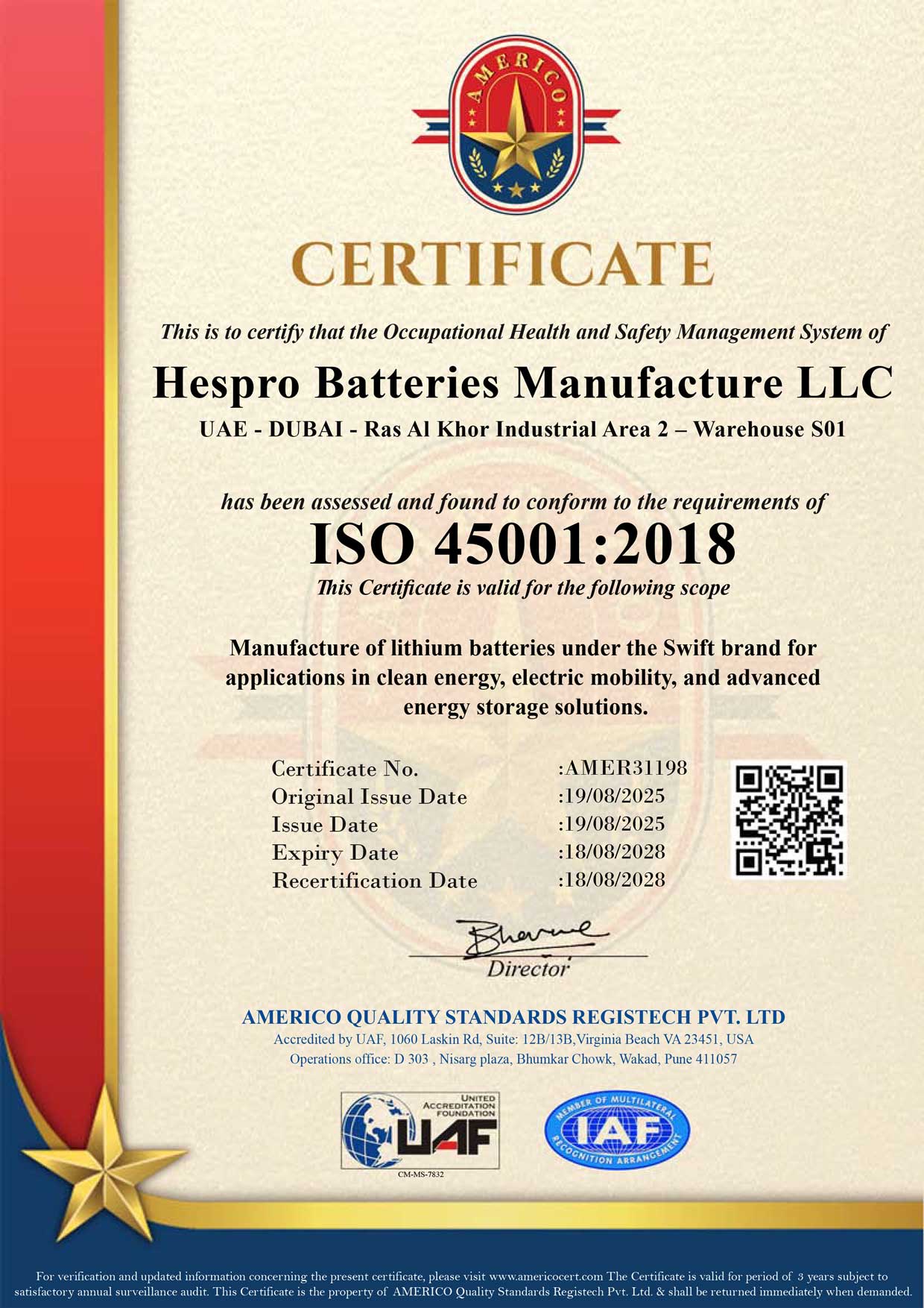 UAF-Americo-ISO-45001-Hespro-Batteries-Manufacture-LLC